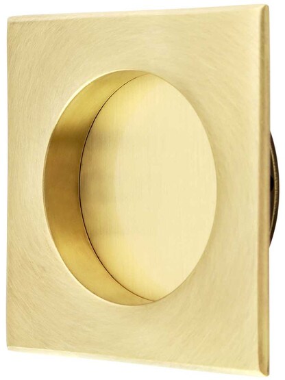 Square Pocket-Door Flush Pull with Round Bore in Antique Brass.